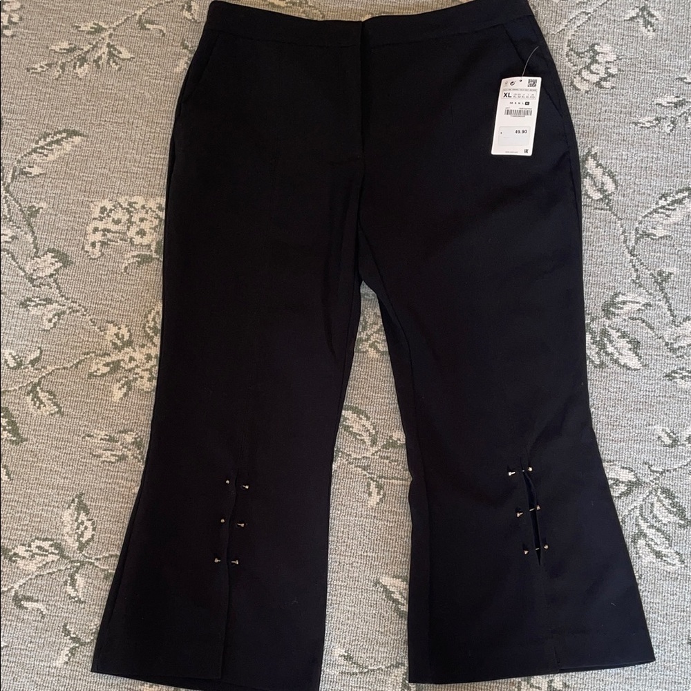 Zara Black Cropped Flare Pants with Stud Trim